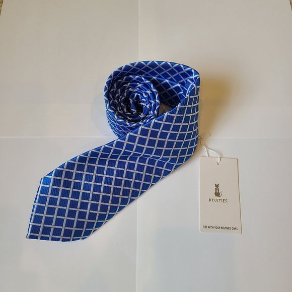 NWT KissTies Mens Microfiber Plaid Tie Blue Formal Wedding Black Tie Classic - Picture 1 of 5